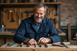 Artisan homme en atelier examinant ses outils