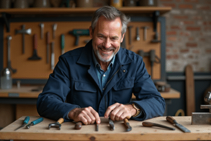Artisan homme en atelier examinant ses outils