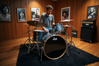 Jeune batteur ajustant un tapis de scène dans un studio