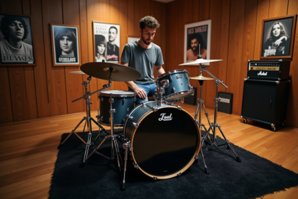 Jeune batteur ajustant un tapis de scène dans un studio