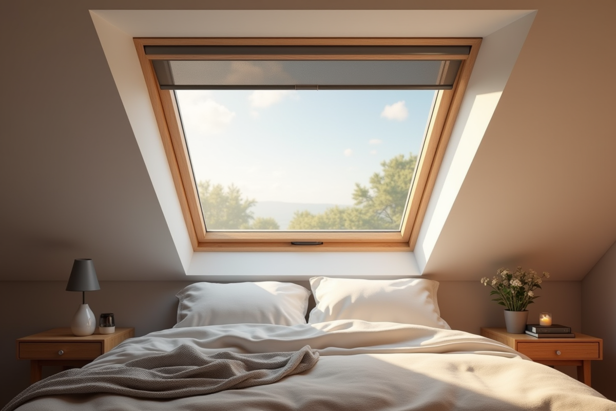 Chambre de grenier moderne avec fenêtre de toit Roto et moustiquaire