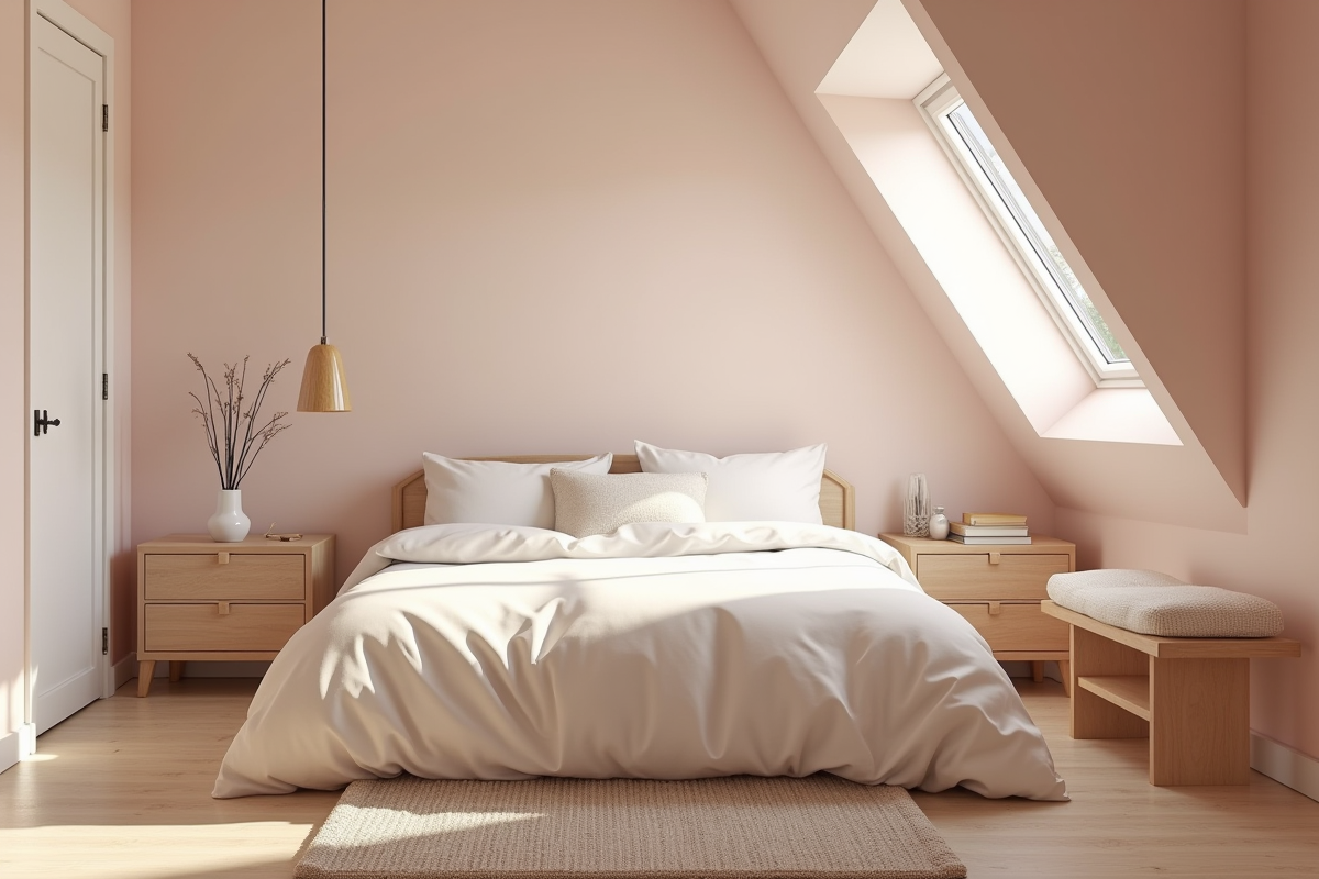 Chambre chaleureuse avec lumière naturelle et murs pastel