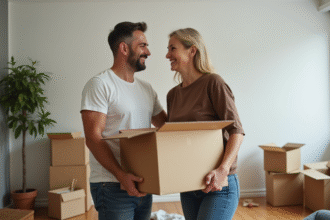 Couple souriant portant une boîte dans un appartement moderne