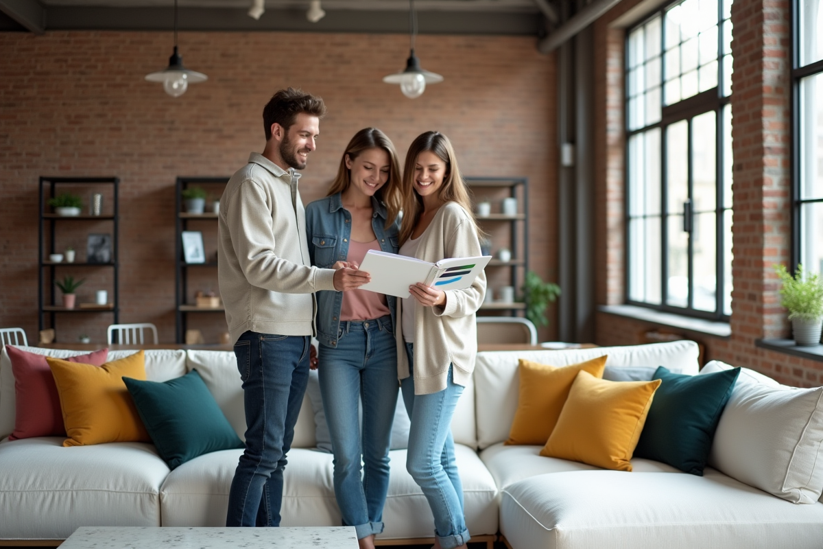 Couple dans un loft discutant palette de couleurs
