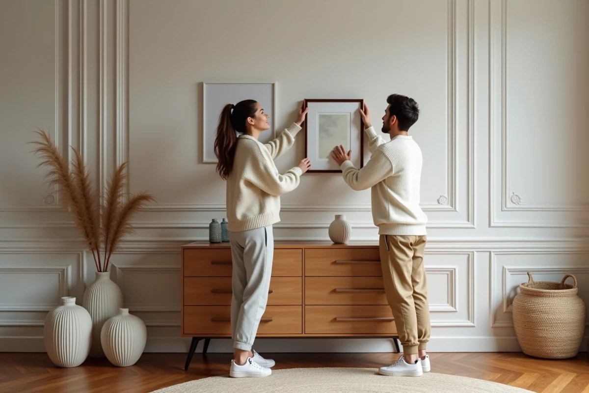 Jeune couple suspendant des œuvres d