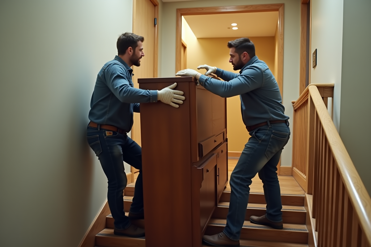 Deux déménageurs transportent un piano dans un immeuble moderne