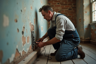 Homme en overalls examinant une prise ancienne dans une maison ancienne