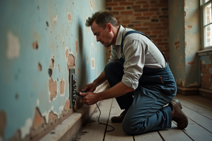 Homme en overalls examinant une prise ancienne dans une maison ancienne