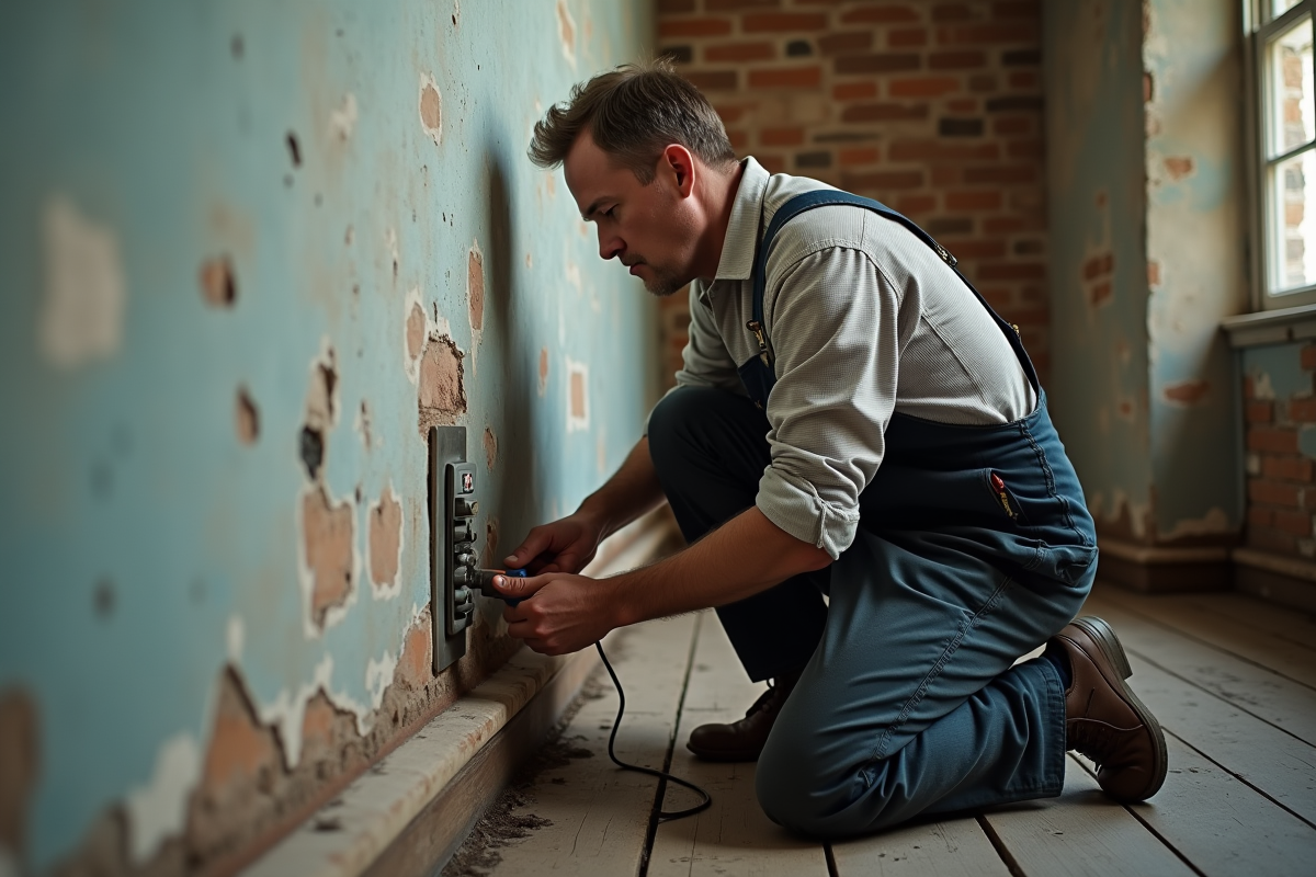 Homme en overalls examinant une prise ancienne dans une maison ancienne