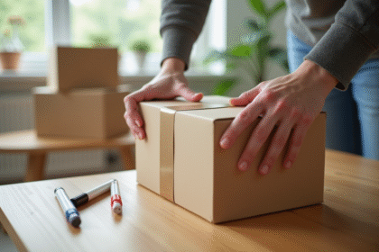 Mains scellant une box avec du ruban adhésif dans un salon lumineux