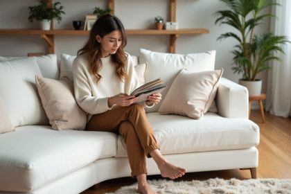 Femme assise sur canapé blanc avec échantillons de tissus
