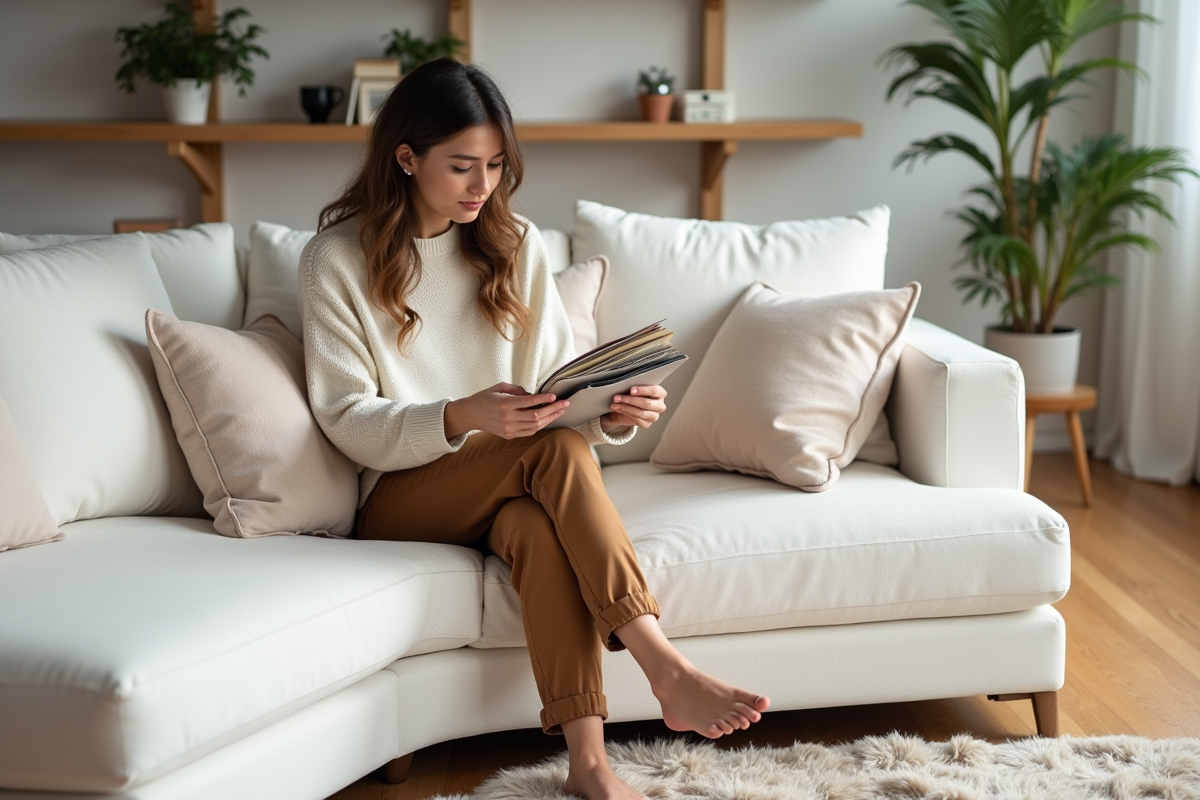 Femme assise sur canapé blanc avec échantillons de tissus
