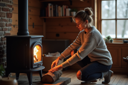 Femme d'âge moyen près d'une cheminée en bois chaleureuse