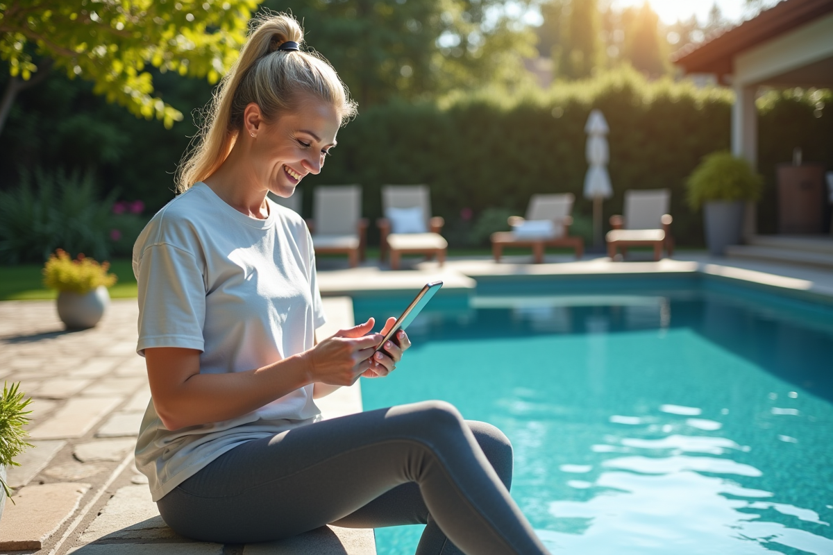 Femme souriante utilisant une application pour surveiller la piscine