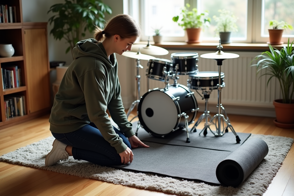Femme déballant un tapis de batterie dans un salon lumineux