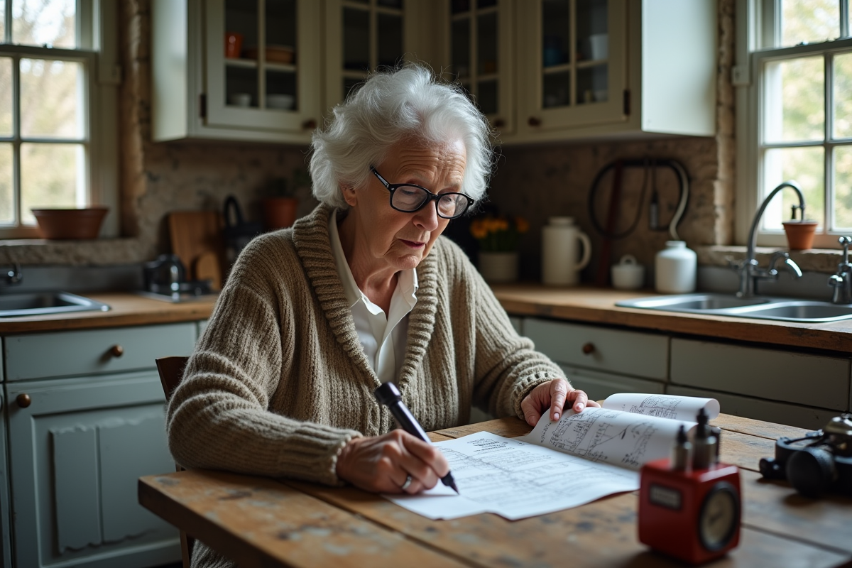 Femme consultat un diagramme électrique vintage à la cuisine