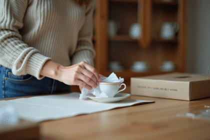 Femme enveloppant une tasse en porcelaine fragile