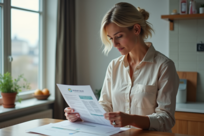 Femme réfléchissant à ses factures d énergie dans un intérieur chaleureux