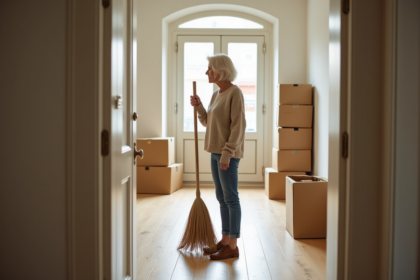 Femme hésitante dans son nouvel appartement avec un balai en main