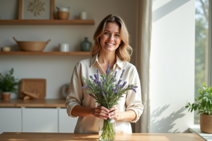 Femme souriante arrangeant un bouquet de lavande et eucalyptus