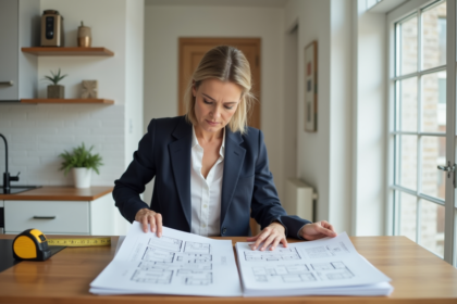 Femme d'âge moyen examinant des plans dans un intérieur moderne