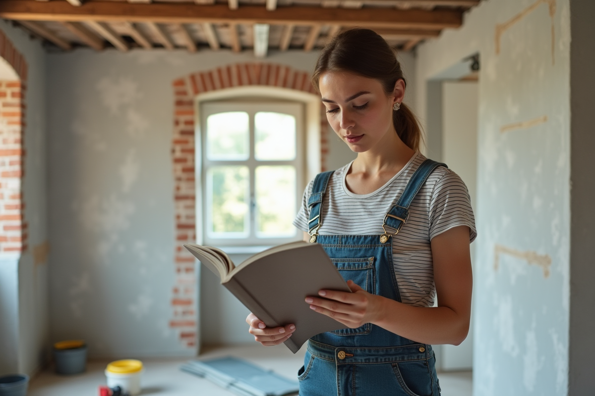 Jeune femme inspectant un mur en rénovation avec guide fiscal