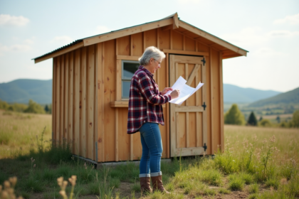 Femme en jeans et chemise à carreaux près d'un abri de jardin en construction