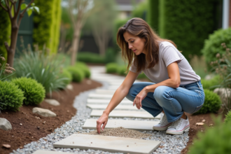 Femme en extérieur touchant un chemin de gravier dans le jardin