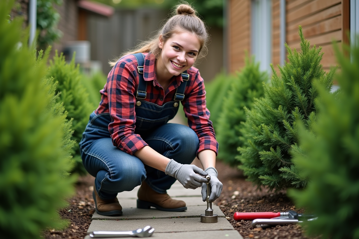 Jeune femme en jardin utilisant une clé pour réparer