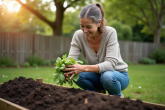 Femme en jardinage compostage dans un jardin suburbain