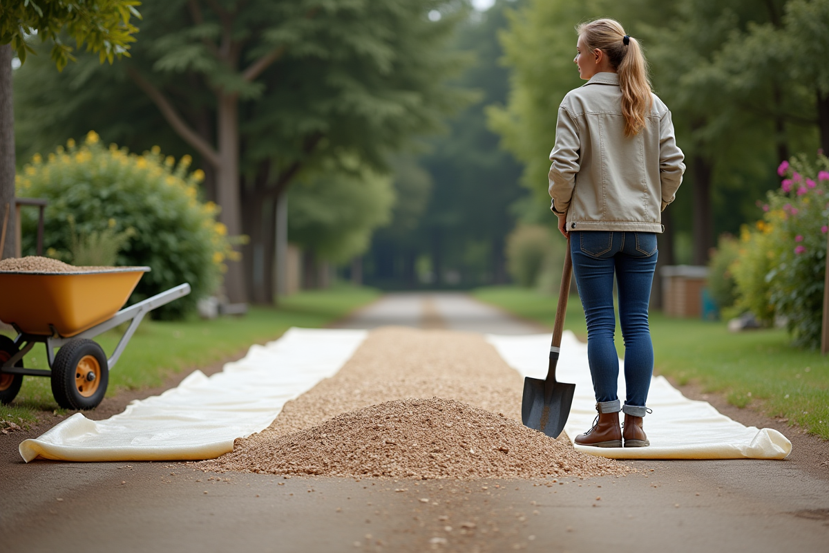 Jeune femme observant la pose de gravier dans le jardin