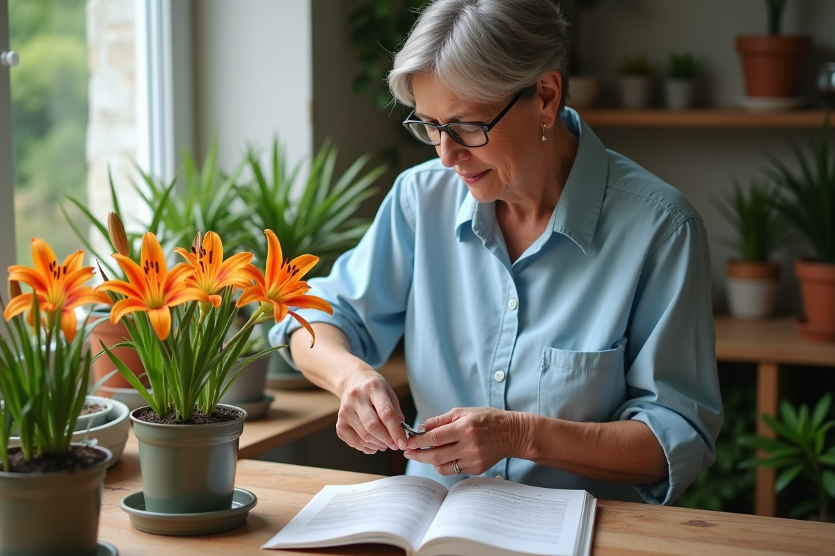 Femme en jardinage coupant un lys orange avec précision