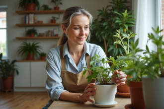 Femme d'âge moyen inspectant une plante en intérieur