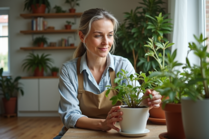 Femme d'âge moyen inspectant une plante en intérieur