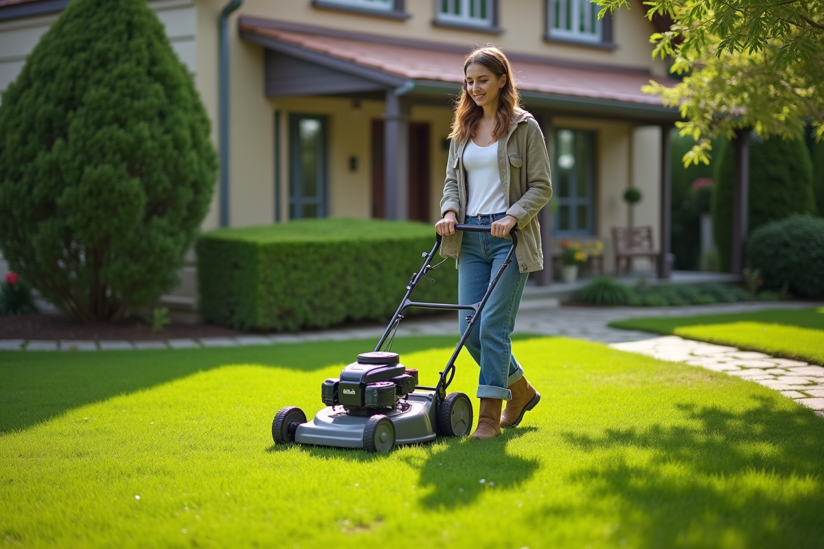 Jeune femme utilisant une tondeuse à gazon dans la cour