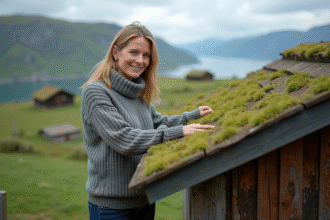 Femme norvegienne souriante sur un toit vert en paysage rural