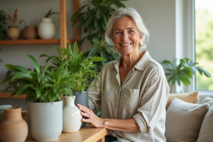 Femme arrangeant des plantes vertes dans un salon lumineux