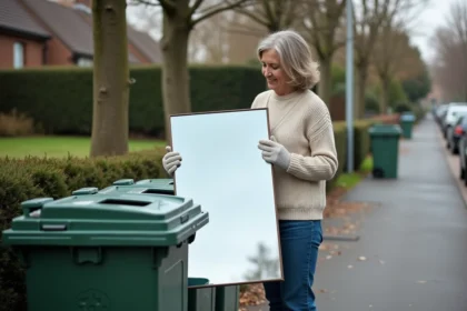 Femme en jeans déposant un miroir dans une zone de recyclage extérieure