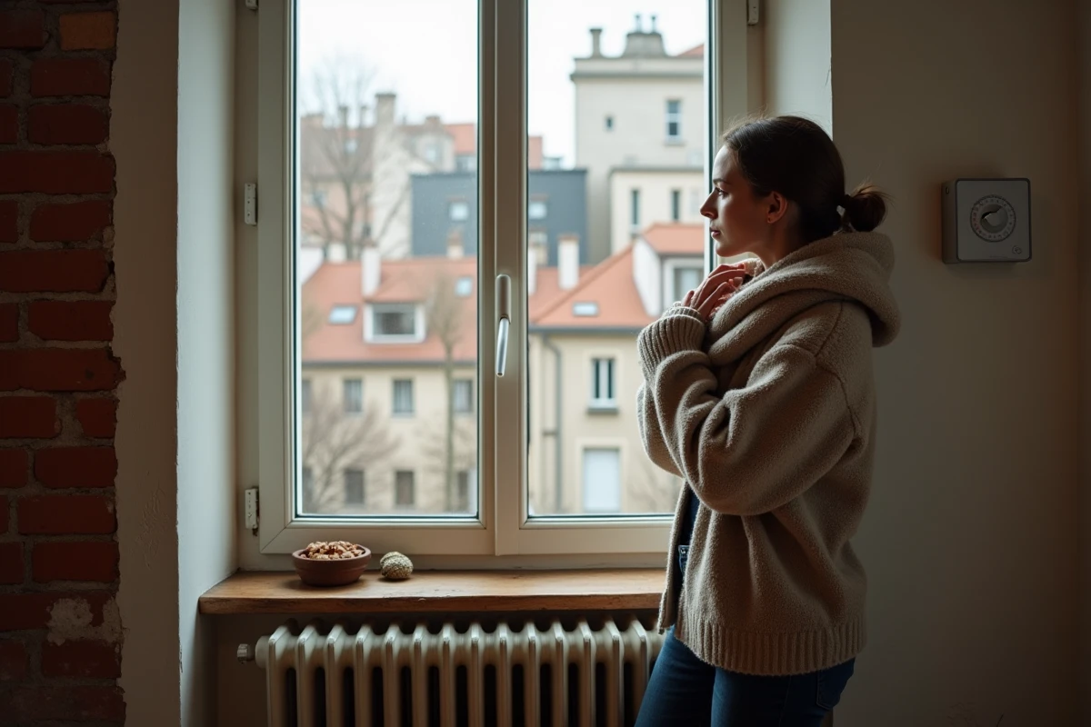 Jeune femme ajustant le thermostat près du radiateur dans un appartement