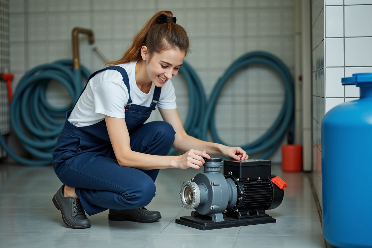 Jeune femme en tenue de travail remettant un filtre dans la pompe