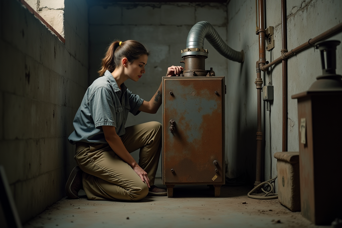 Jeune femme inspectant une vieille chaudière dans un sous-sol sombre