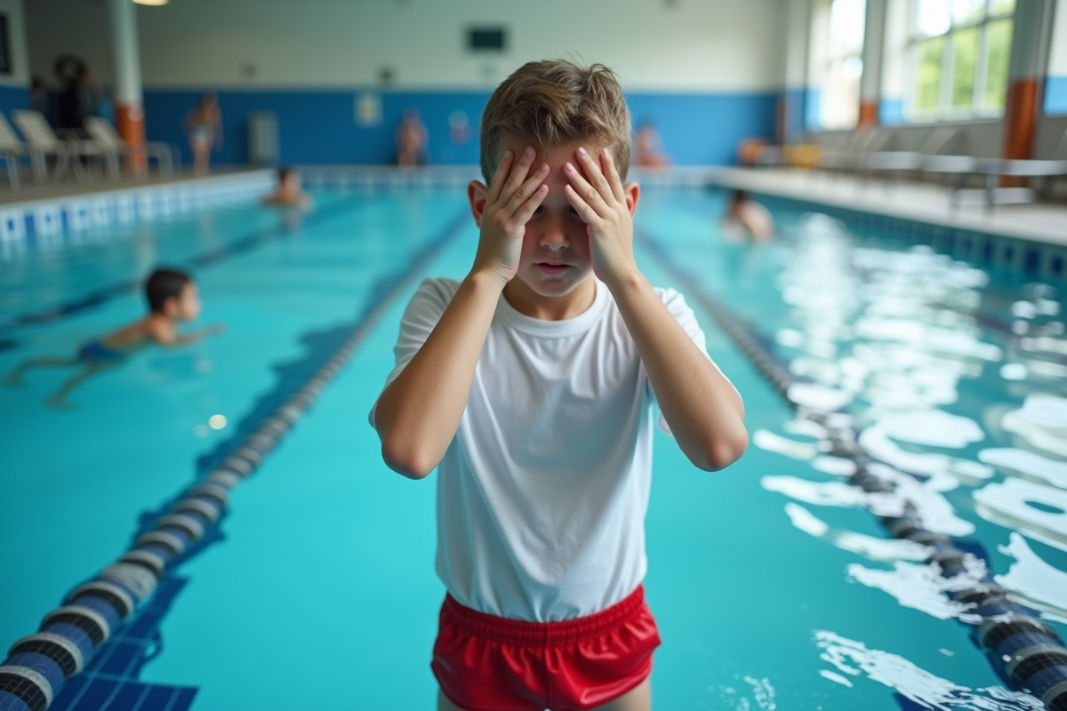 Adolescent sortant de la piscine publique avec expression gênée