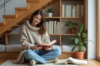 Espace sous l'escalier aménagé en bureau et rangement esthétique