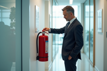 Homme d'affaires lisant un extincteur rouge en bureau