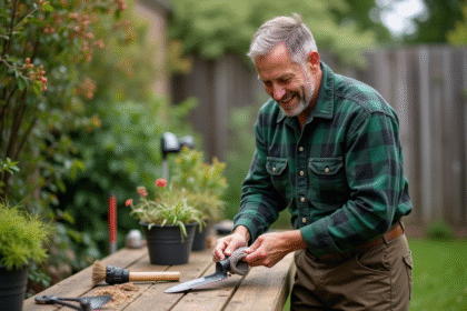 Homme appliquant de l'huile sur une truelle en extérieur