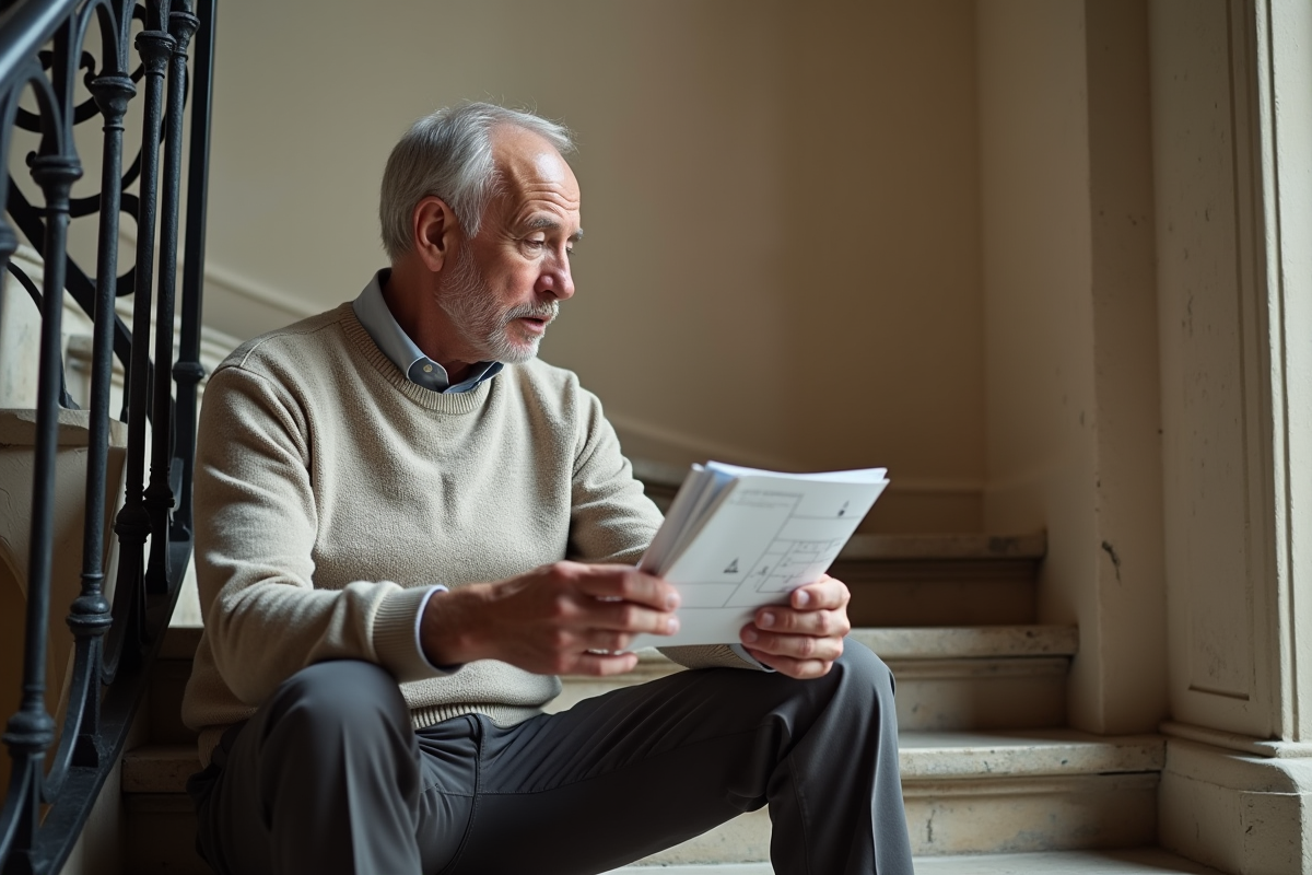 Homme âgé étudiant un plan dans un escalier haussmannien