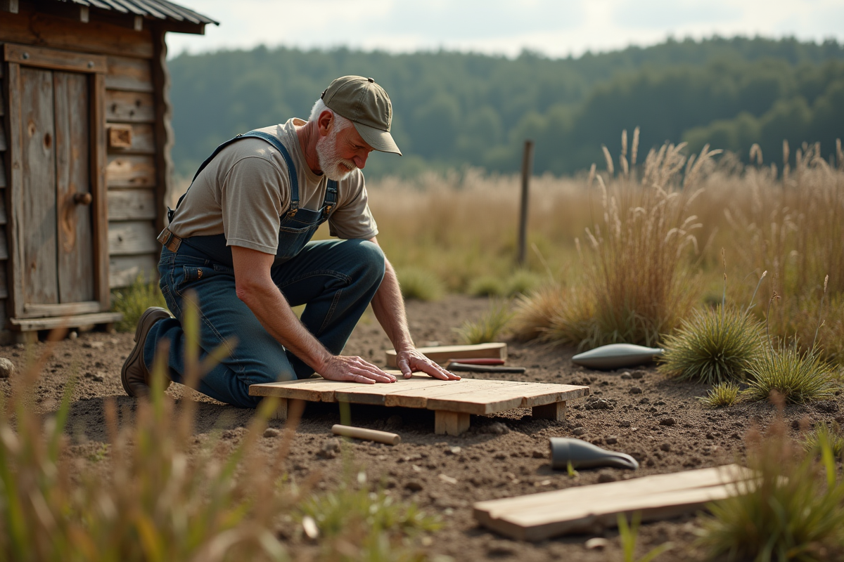 Homme âgé construisant une poulailler en bois dans un paysage rural