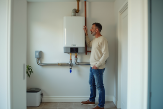 Homme d'âge moyen inspectant une chaudière gaz moderne dans une pièce propre