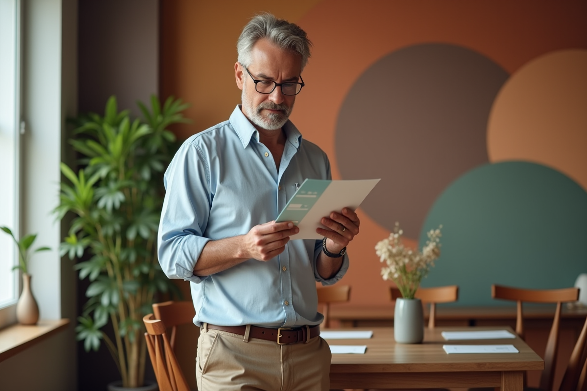 Homme regardant une palette de couleurs dans une salle à manger chaleureuse