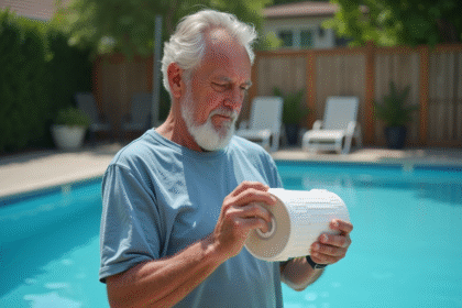 Homme d'âge moyen examinant un filtre de piscine en extérieur